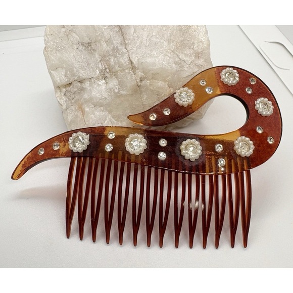 Vintage 1920s Celluloid Art Deco Hair Comb Faux Tortoise Shell Rhinestone‎ USA